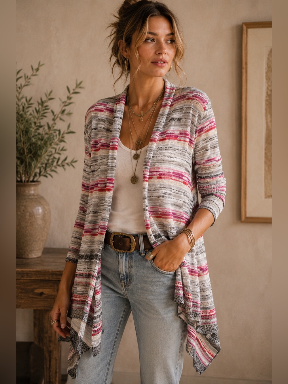 NIC+ZOE Pink and Gray Striped Open-Front Cardigan